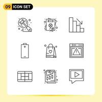 Outline Pack of 9 Universal Symbols of file bag descent shopping bag electricity Editable Vector Design Elements