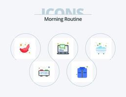 Morning Routine Flat Icon Pack 5 Icon Design. bathroom. bathtub. sausage. bath. laptop vector