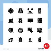 Group of 16 Modern Solid Glyphs Set for space atom news travel public Editable Vector Design Elements