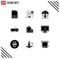 9 User Interface Solid Glyph Pack of modern Signs and Symbols of market bag gear car mushroom Editable Vector Design Elements