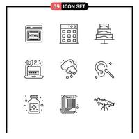 Set of 9 Vector Outlines on Grid for cleaning buds photo weather cloud Editable Vector Design Elements