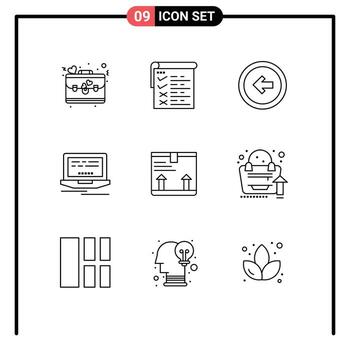 conjunto de esquema de interfaz móvil de 9 pictogramas de diseño de caja flecha web dejó elementos de diseño vectorial editables vector