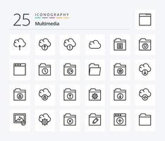 paquete de iconos multimedia de 25 líneas que incluye ventana. aplicación almacenamiento. carpeta. favorito vector