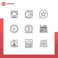 Mobile Interface Outline Set of 9 Pictograms of media user bubble play star Editable Vector Design Elements