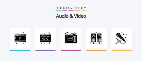 Audio And Video Glyph 5 Icon Pack Including sound. mic. broadcast. speaker. music. Creative Icons Design vector