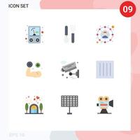 paquete de 9 signos y símbolos de colores planos modernos para medios de impresión web, como elementos de diseño de vectores editables a mano de músculo social de cámara iot