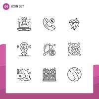 Modern Set of 9 Outlines Pictograph of disease setting diamound gear bulb Editable Vector Design Elements