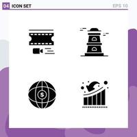 Editable Vector Line Pack of 4 Simple Solid Glyphs of animation internet filmstrip watchtower businessman Editable Vector Design Elements