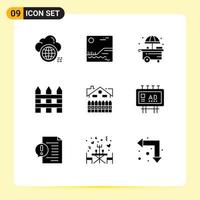 Set of 9 Modern UI Icons Symbols Signs for construction apartment city interior fence Editable Vector Design Elements