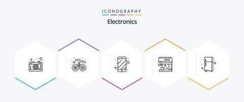 paquete de iconos de 25 líneas de electrónica que incluye . nevera. móvil. dispositivo electronico. máquina vector