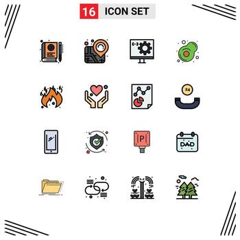 interfaz móvil conjunto de líneas llenas de color plano de 16 pictogramas de peligro desarrollo de desayuno pin de huevo elementos de diseño de vectores creativos editables
