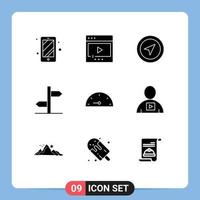 Set of 9 Commercial Solid Glyphs pack for gauge sign location board direction Editable Vector Design Elements