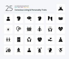 Paquete de iconos de 25 glifos sólidos que incluyen rasgos de personalidad y vida consciente, incluida la melancolía. pena. la vida. depresión. ojo vector