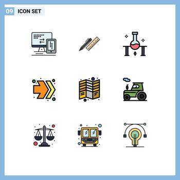 Filledline Flat Color Pack of 9 Universal Symbols of right arrows ruler science lab science Editable Vector Design Elements