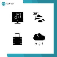 Pictogram Set of 4 Simple Solid Glyphs of audio lock pad video paper security Editable Vector Design Elements