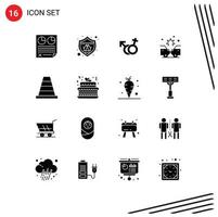 User Interface Pack of 16 Basic Solid Glyphs of cone damage bug crash female Editable Vector Design Elements