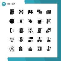 Group of 25 Modern Solid Glyphs Set for bubble message disco light sms forklift truck Editable Vector Design Elements