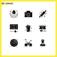 Pack of 9 Modern Solid Glyphs Signs and Symbols for Web Print Media such as drink basketball bakery money cash Editable Vector Design Elements