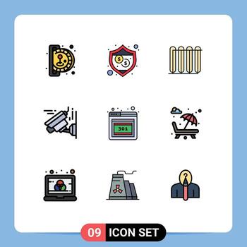 conjunto de pictogramas de 9 colores planos de línea rellena simple de elementos de diseño de vector editables de cámara de tecnología de calentador de navegador de error