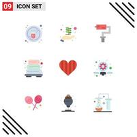 conjunto moderno de 9 pictogramas de colores planos de elementos de diseño de vectores editables de calentamiento de corazón de cepillo de amor favorito