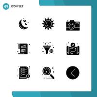 9 User Interface Solid Glyph Pack of modern Signs and Symbols of sort filter capture paper chart Editable Vector Design Elements