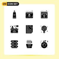 9 Thematic Vector Solid Glyphs and Editable Symbols of document information counter microphone hospital reception counter Editable Vector Design Elements