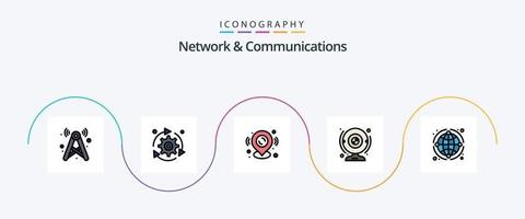 Network And Communications Line Filled Flat 5 Icon Pack Including computer. camera. gear. cam. location vector