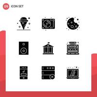 9 Universal Solid Glyphs Set for Web and Mobile Applications bank speaker party products devices Editable Vector Design Elements