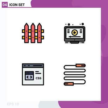 conjunto de color plano de línea de relleno de interfaz móvil de 4 pictogramas de construcción css aprender desarrollo de youtube elementos de diseño vectorial editables vector