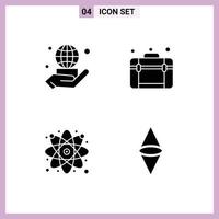 Mobile Interface Solid Glyph Set of 4 Pictograms of hand atom network travel science Editable Vector Design Elements