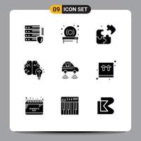User Interface Pack of 9 Basic Solid Glyphs of network car puzzle bulb brain Editable Vector Design Elements