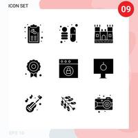 Mobile Interface Solid Glyph Set of 9 Pictograms of lock lock beach app medal Editable Vector Design Elements