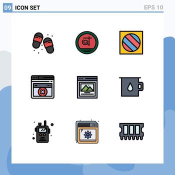 conjunto de pictogramas de 9 colores planos de línea rellena simple de la interfaz de imagen error de sombra completa tecnología página web elementos de diseño vectorial editables vector