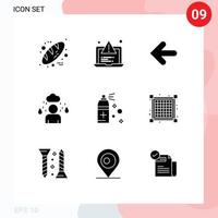 User Interface Pack of 9 Basic Solid Glyphs of spray bottle arrow rainy man Editable Vector Design Elements