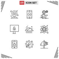 Pack of 9 Modern Outlines Signs and Symbols for Web Print Media such as cloud lock mobile application computer gear Editable Vector Design Elements