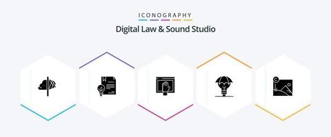 Digital Law And Sound Studio 25 Glyph icon pack including defence. proteced ideas. invention. open. free vector