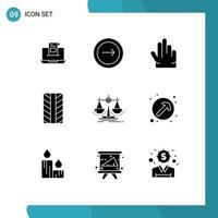 Modern Set of 9 Solid Glyphs Pictograph of wheel three application hand navigation Editable Vector Design Elements
