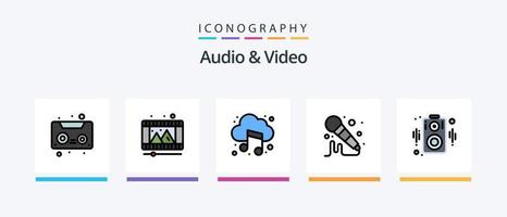 paquete de 5 íconos llenos de línea de audio y video que incluye carrete. película. audio. altavoz. música. diseño de iconos creativos vector