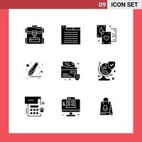 9 User Interface Solid Glyph Pack of modern Signs and Symbols of security file card marker drawing Editable Vector Design Elements