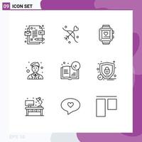 9 User Interface Outline Pack of modern Signs and Symbols of education book love worker man Editable Vector Design Elements