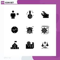 9 User Interface Solid Glyph Pack of modern Signs and Symbols of mortgage check wedding approved open Editable Vector Design Elements