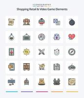 Compras creativas, venta al por menor y elementos de videojuegos, paquete de iconos rellenos de 25 líneas, como una bomba. juego de azar. Tienda. dado. astronave vector