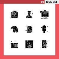 User Interface Pack of 9 Basic Solid Glyphs of architecture eagle seo bird website Editable Vector Design Elements