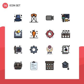 User Interface Pack of 16 Basic Flat Color Filled Lines of ads recording war microphone ui Editable Creative Vector Design Elements