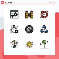 Mobile Interface Filledline Flat Color Set of 9 Pictograms of tire quick help fast business Editable Vector Design Elements