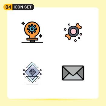 conjunto moderno de 4 colores planos y símbolos de línea de llenado, como elementos de diseño de vectores editables de estructura de dulces de engranajes de infraestructura de bombillas