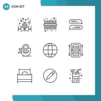 User Interface Pack of 9 Basic Outlines of activities globe messaging world server Editable Vector Design Elements