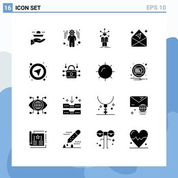 conjunto moderno de 16 glifos y símbolos sólidos, como elementos de diseño vectorial autoeditables de chat de desarrollo de correo de interfaz vector