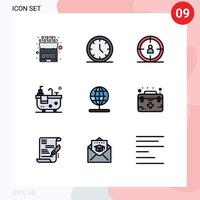 9 Thematic Vector Filledline Flat Colors and Editable Symbols of world navigation seo globe bath Editable Vector Design Elements