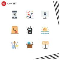 Mobile Interface Flat Color Set of 9 Pictograms of radio transceiver package computer e close Editable Vector Design Elements